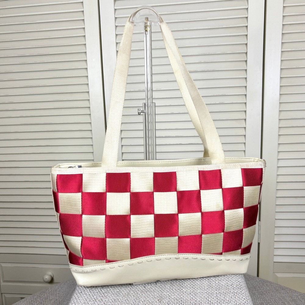 Vintage 90s Y2K Red Cream Checkered Woven Seatbelt Shoulder Bag Purse Handbag